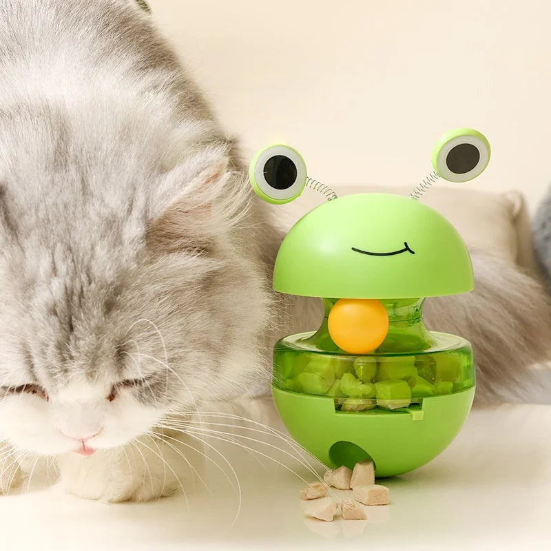 Frog Wobbler Cat Toy with Feather Teaser Spin Tipping Motion Treat Dispenser Self Feeder for Indoor Solo Play