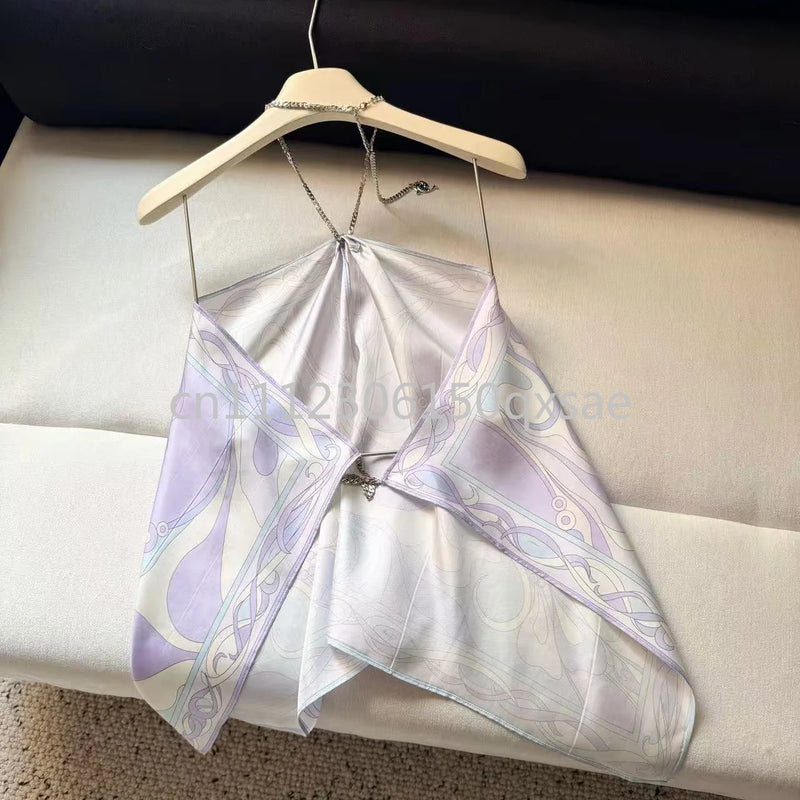 Luxury Design Women's Purple Halter Tops with Designer Signature Letter Logo Fashion Brand Lady Sexy Sleeveless T-shirts