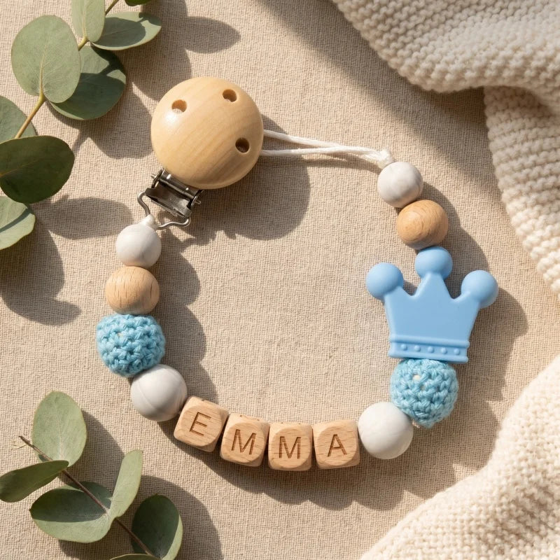Personalized Name Pacifier Clip Silicone Wooden Dinosaur Baby Teether Holder BPA Free Custom Soother Chain Handmade Dummy Clip