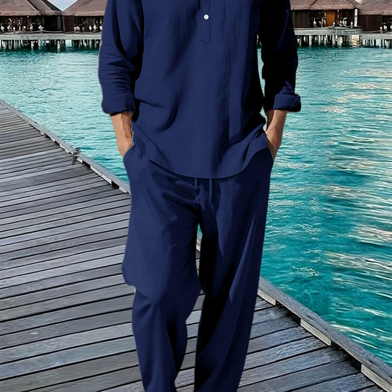 New Long Sleeve Henley Shirt Pants Suit Men Lightweight Breathable Streetwear Solid Color Business Button - View 7 | SAMAG