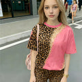 Pink leopard print patchwork casual T - shirt and shorts - View 2 | SAMAG