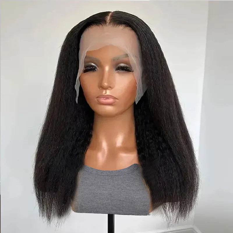 Black Yaki Lace Front Wig 30inch 180density Soft Kinky Straight Wig For Women Baby Hair Synthetic Wigs Heat Temperature Glueless
