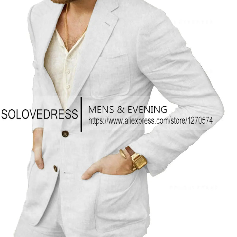 Summer Linen Suit Men Casual Party Classic Blazer Pants 2 Pieces Holiday Travel Tailor-made Breathable Cool Male Outfits