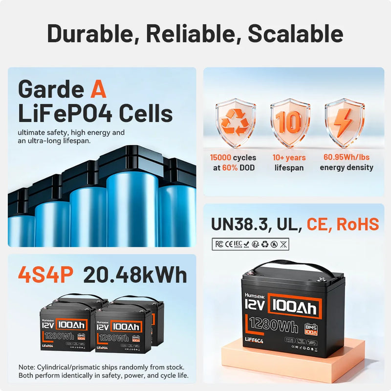 Humsienk 12V 100Ah 150Ah 200Ah 314Ah LiFePO4 Battery Built-in BMS Low Temperature Protection For  RV/ Camp/ Solar Energy Storage