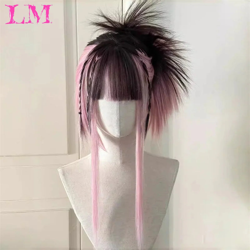 LM Medium Length Pink Cosplay Wig Heat Resistant Costume Party Synthetic Wigs 2 Clip On Ponytail 7 Colors