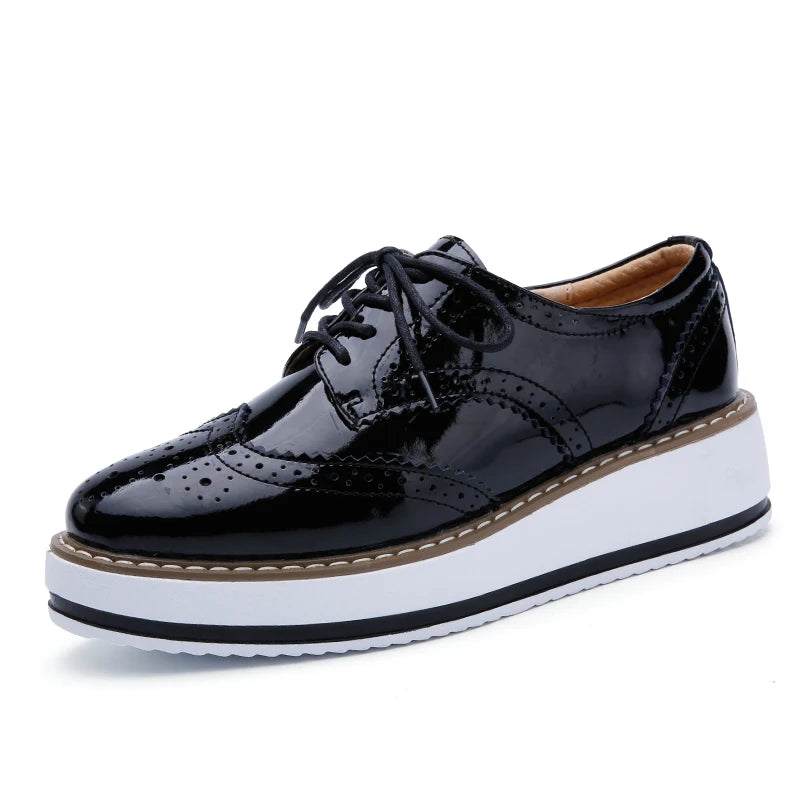 STRONGSHEN British Style Women Brogue Shoes Round Toe Oxfords Platform Casual Leather Footwear Increase 4.5cm Sapatos Chaussures
