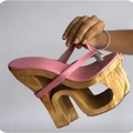Wooden Heel Flip Flop Slippers Pink Leather Runway 2025 Round Toe New Arrivals Block Heel Dress Sandals Handmade Shoes