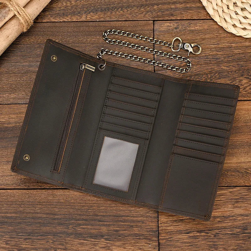 Men's Vintage Crazy Horse Leather Chain Wallet Genuine Leather Bifold Long Wallet Snap Card Holder Purse Zipper Coin Rfid Pocket