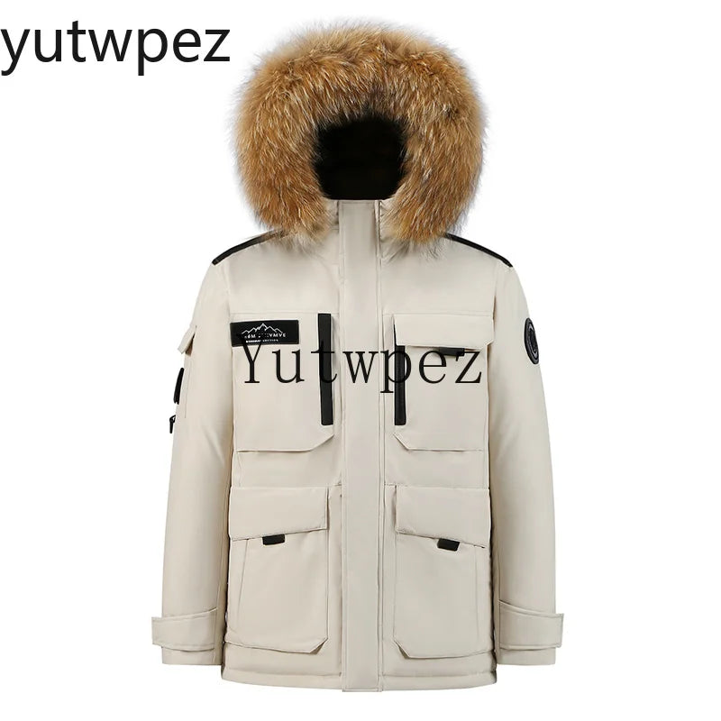 -30 Degree Down Parkas Men Windproof Hooded Thicken Multi-pocket Down Coat Casual Fashion Thick Warm Embroidered Design Parka