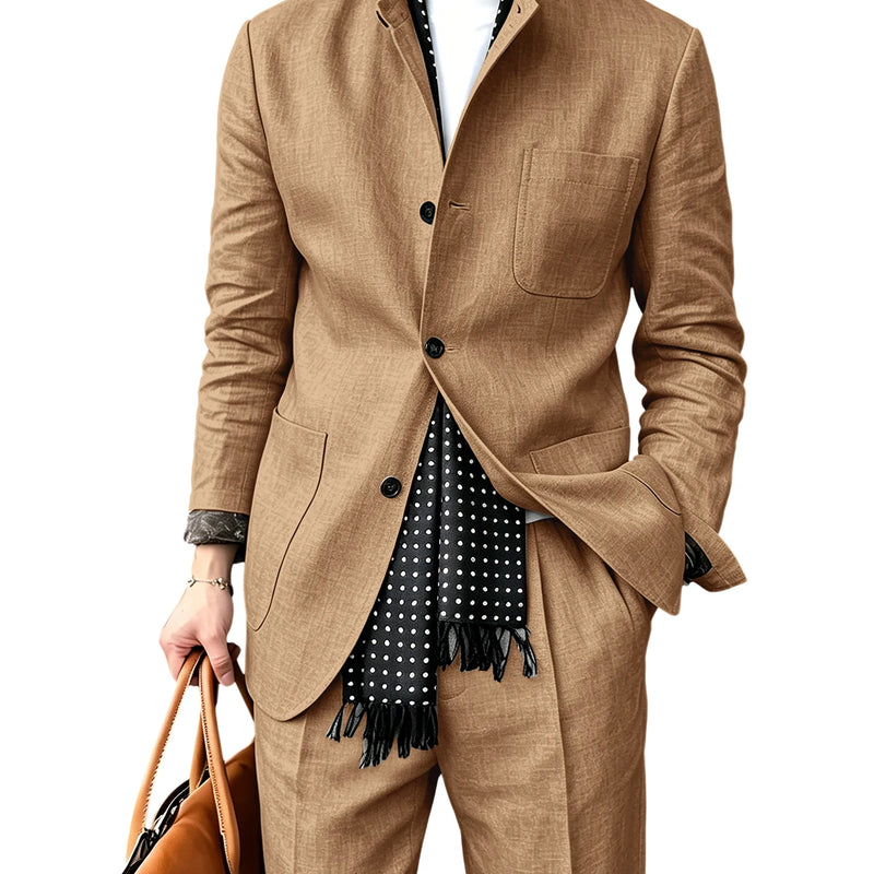 Men's Linen Blend 2 Piece Suit Set Stand Collar Breathable Casual Blazer Pants For Business Daily Wear