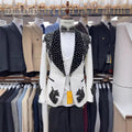 Luxury Paisley Men's Beading Suit Set, 3-piece Formal Suit Set Jacket Vest Pants Black White Rhinestones Tuxedo Set