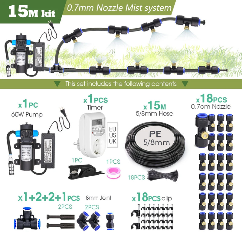 0.7MM Brass Nozzle 60W Self-Priming Pump Timing Misting Spray Kit for Garden Plants Farm Automatic Atomization Cooling System