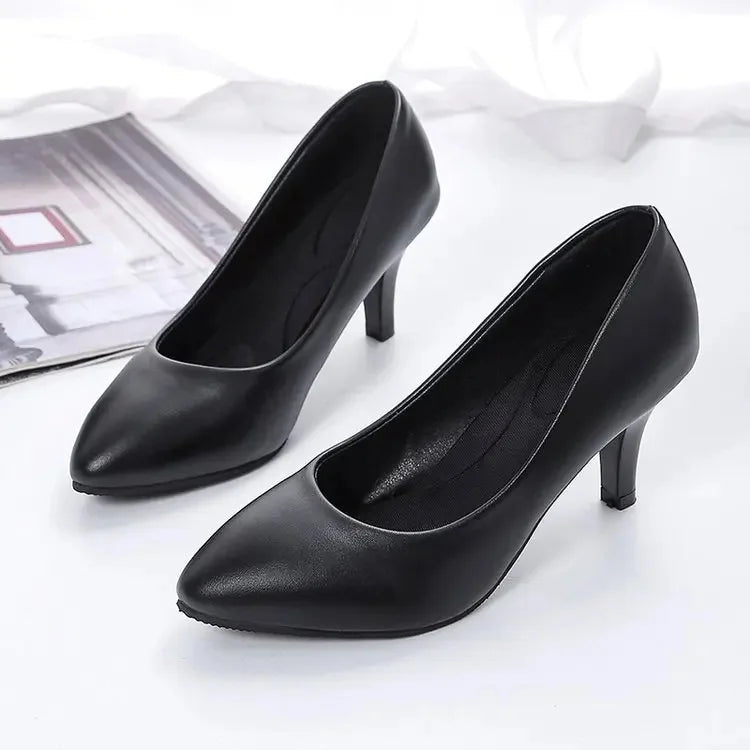2023 New Women's High Heels Pointed Toe Professional Versatile Work Shoes Black Leather Single Shoes Polyurethane Sole