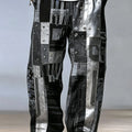 Men's Black Teal Patchwork Newspaper Print Wide Leg Pants Elastic Drawstring Loose Trousers For Retro Street - View 6 | SAMAG
