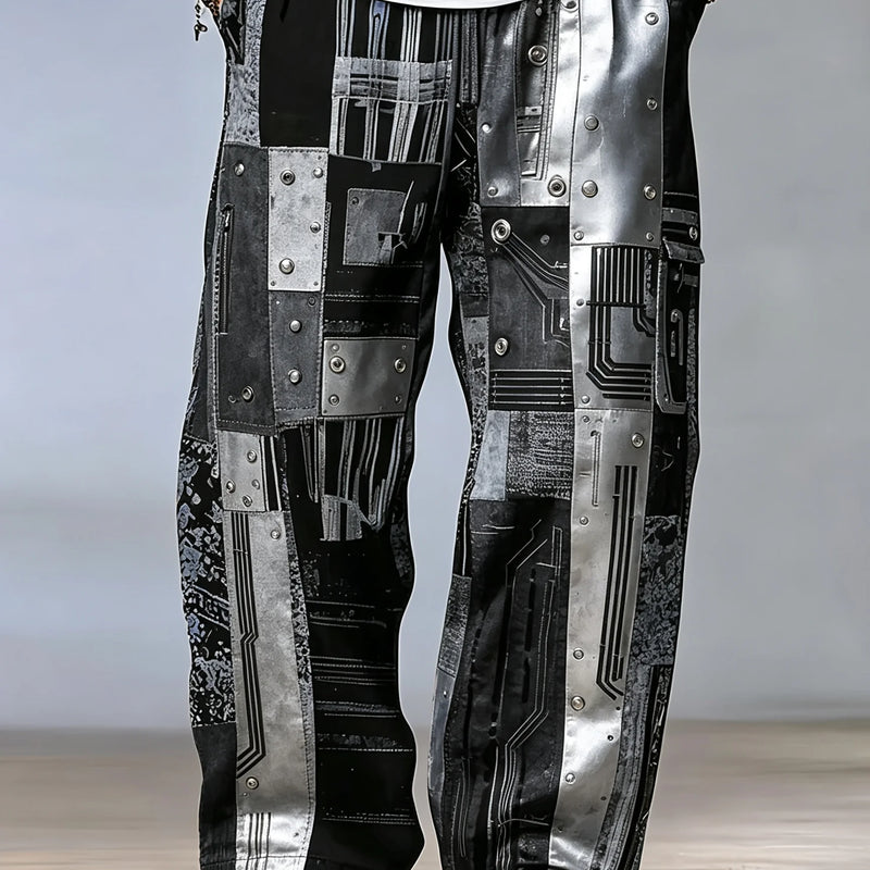 Men's Black Teal Patchwork Newspaper Print Wide Leg Pants Elastic Drawstring Loose Trousers For Retro Street - View 6 | SAMAG