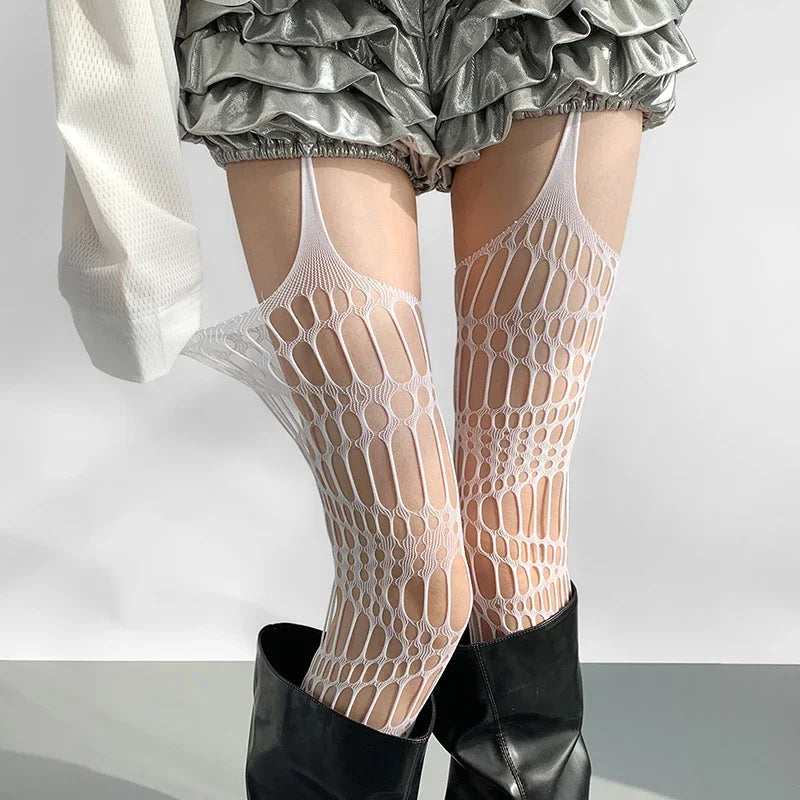Women Sexy Lace Fishnet Stockings Hollow Out Solid Pantyhose Irregular Exposed Skin Tights Slim Suspender Pantyhose