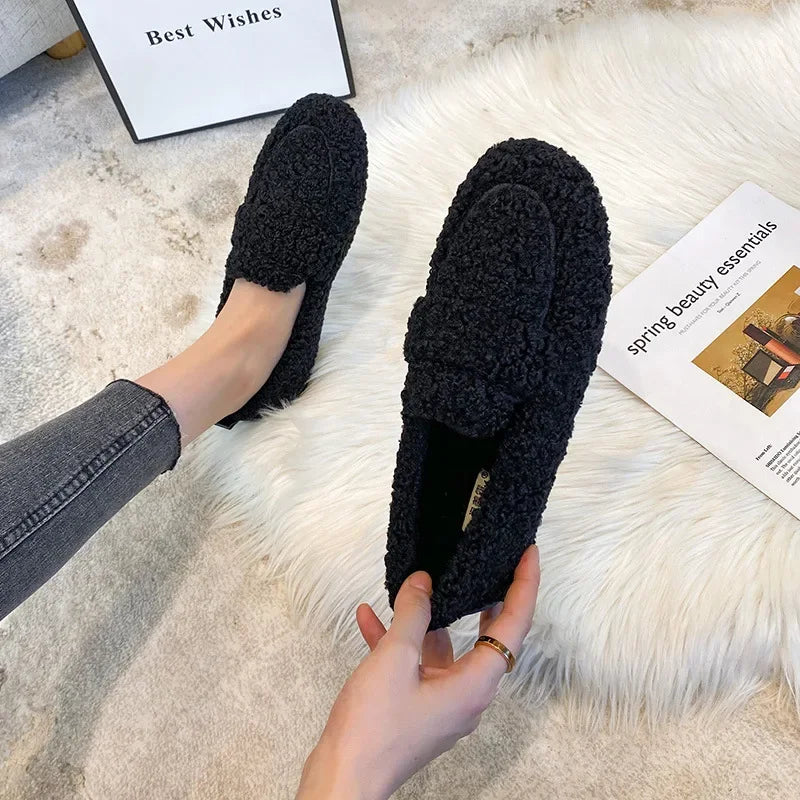 Lambwool Moccasins Femme Curly Sheep Fur Flats Woman Warm Plush Loafers Winter Cotton Shoes Women Furry Snow Boot
