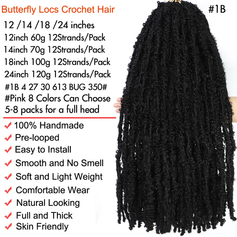 1- 8 Packs Butterfly Faux Locks Crochet Hair Boho Soft Locs Braiding Hair Distressed Pre Looped Synthetic Butterfly Locs Twists