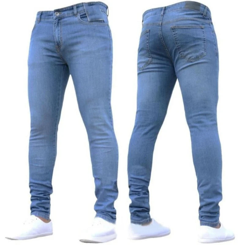 Men Jeans Solid Pockets Stretch Denim Straight Pants | SAMAG