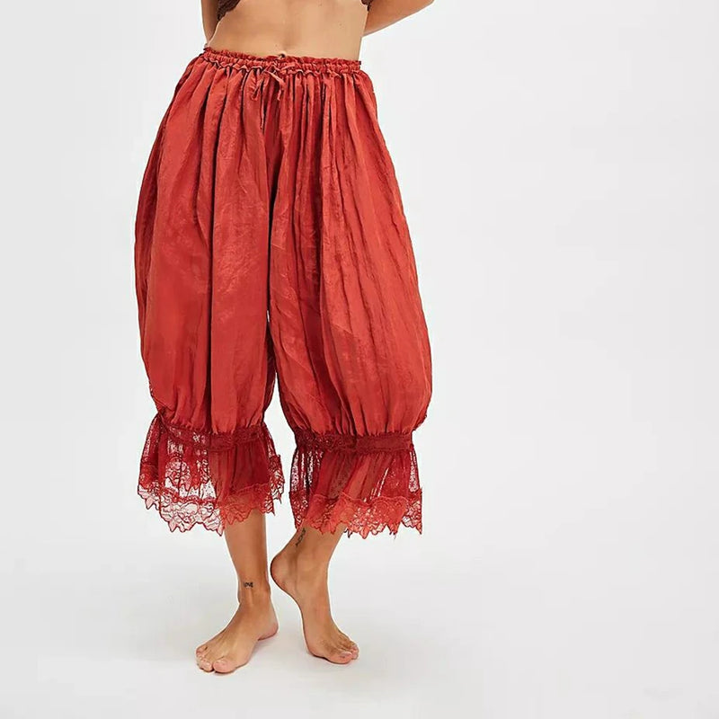Women's Y2K Loose Fit Bloomers Cropped Pants Drawstring High Waist Floral Lace Patchwork Calf-Length Lantern Trousers