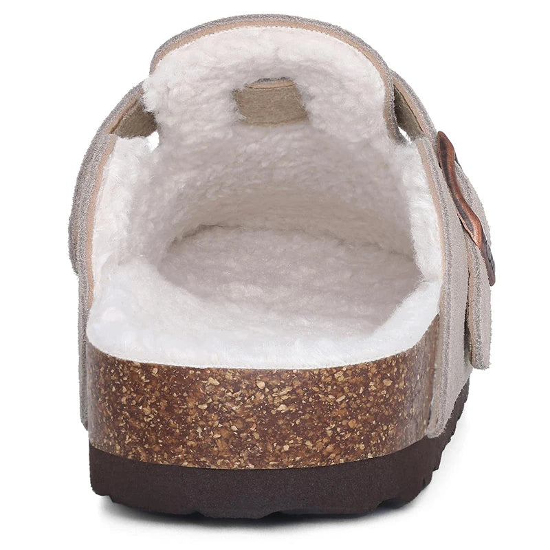 Kidmi Winter Casual Mules For Women and Men New Clogs Slippers With Adjustable Buckle Cow Suede Cork Insole Cozy Women's Sandals