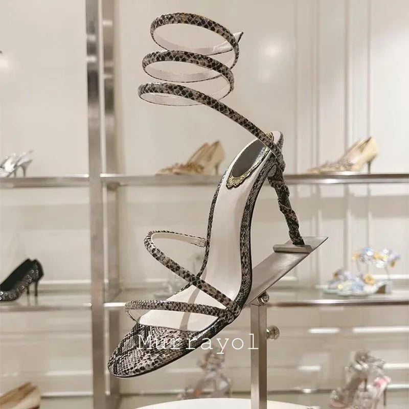 Glitter Crystal Decor High Thin Heels Sandals Women Shiny Snake Shaped Elastic Strap Design Sandalias Summer Party Dress Shoes