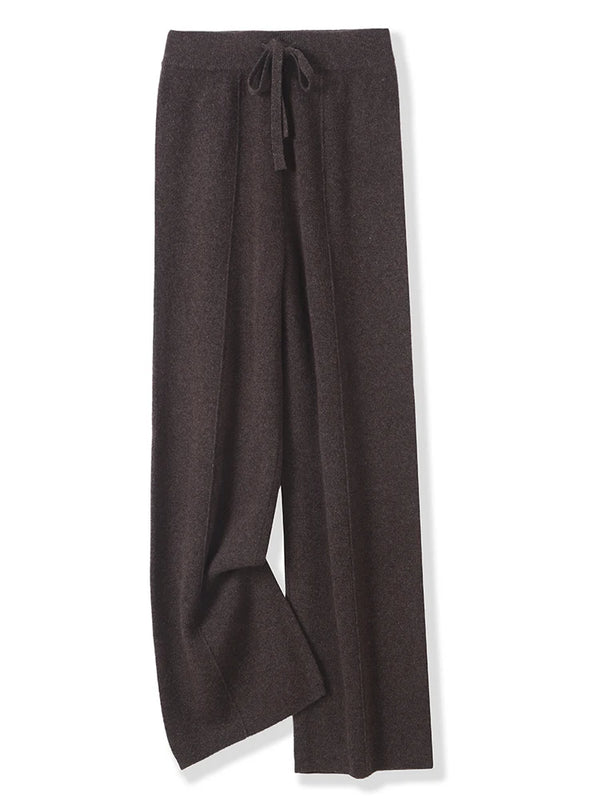 100% Merino Wool Pants Women Autumn Winter Casual Wide Leg Trousers Middle Seam Style Knitted Cashmere Soft Lace-up Trendy Pants