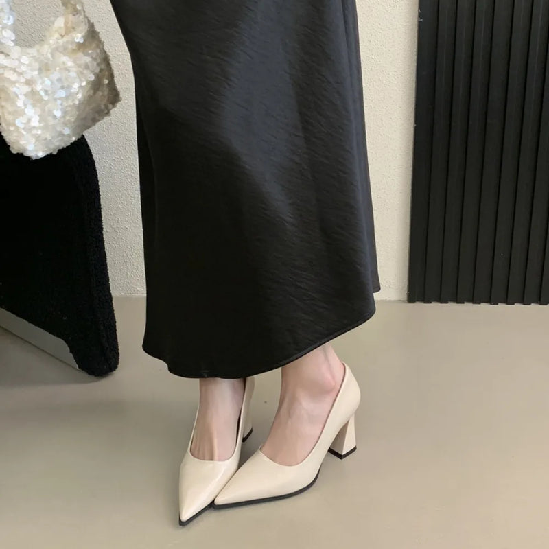 Spring French High Heels Black OL Single Shoes Classic Slip-On Chunky Women's Banquet Prom Dress Party Single Shoes Pumps New