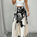 Women Black Ink Floral Print Wide Leg Pants Elastic High Waist Silky Satin Palazzo Trousers Summer Vacation Casual Loose Long Pants Beach Bottoms Vestidos
