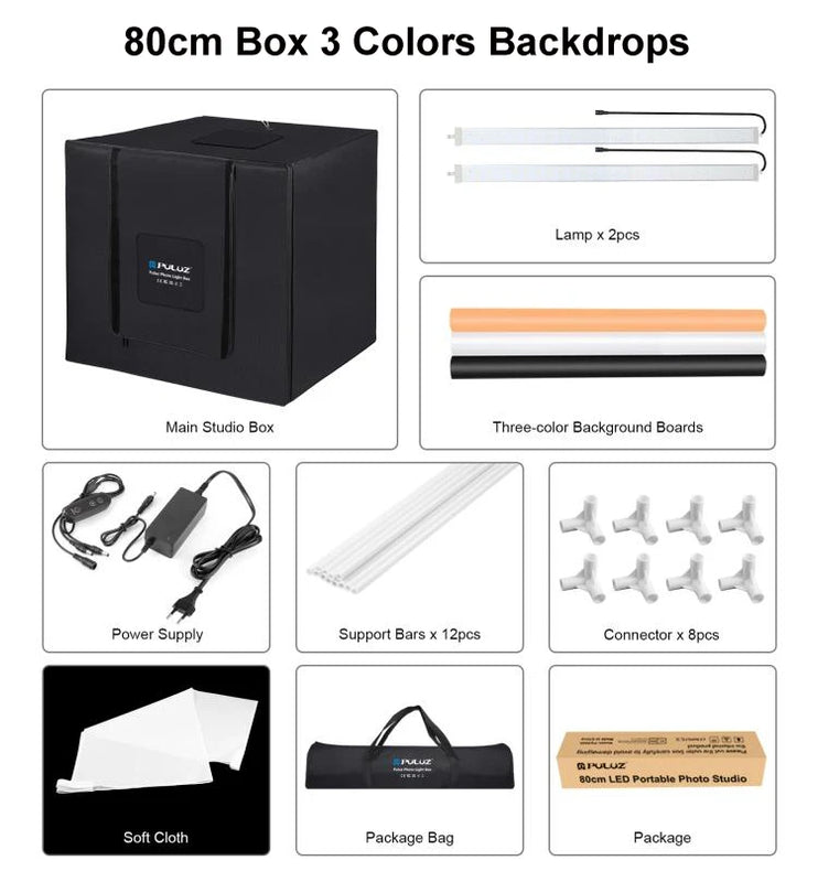PULUZ Lightbox 80 60 50 40 30cm Photo LED Light Studio Kits 6 12 Color Backgrounds Tabletop Photography Soft Shooting Tent Box