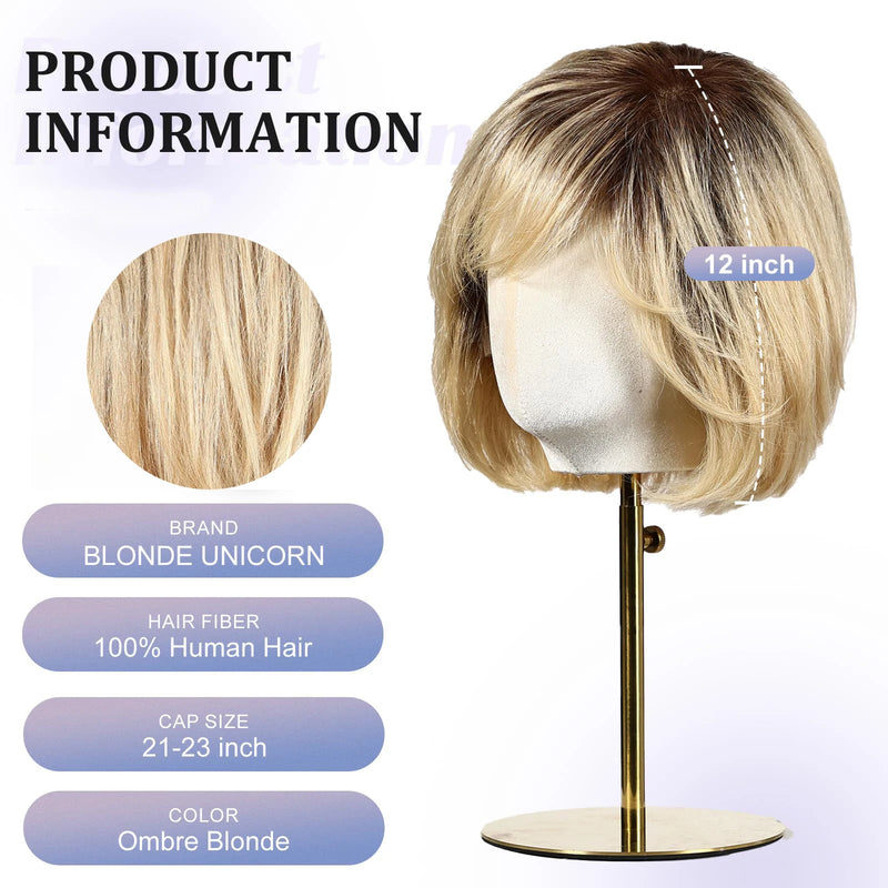 Blonde Brown Short Remy Human Hair HD Lace Front Wigs with Dark Roots Bob Natural Layered Lace Frontal Wig with Bangs for Women