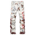 Men Butterfly Print Denim Jeans Flower Pattern White | SAMAG