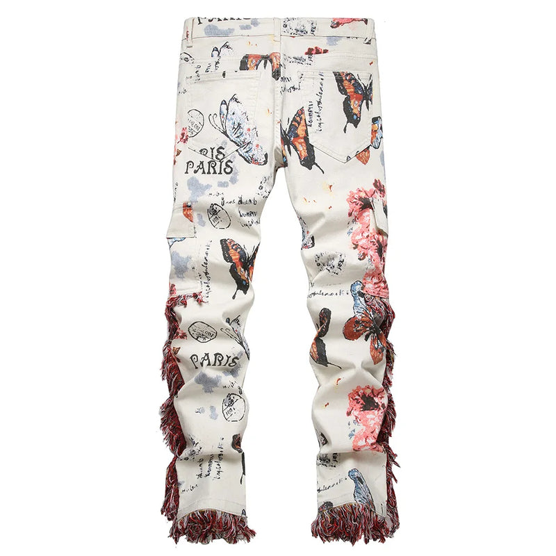 Men Butterfly Print Denim Jeans Flower Pattern White | SAMAG