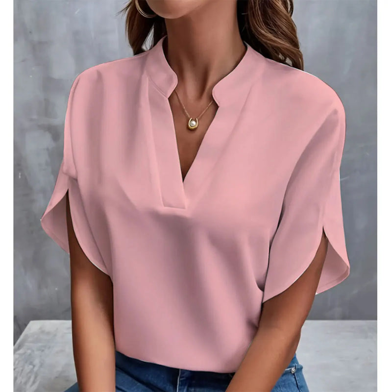 Women Elegant Solid V Neck Blouse Casual Short Sleeve Loose Shirt Summer Solid Tops Harajuku Office Ladt Chiffon Blouse 2026 New