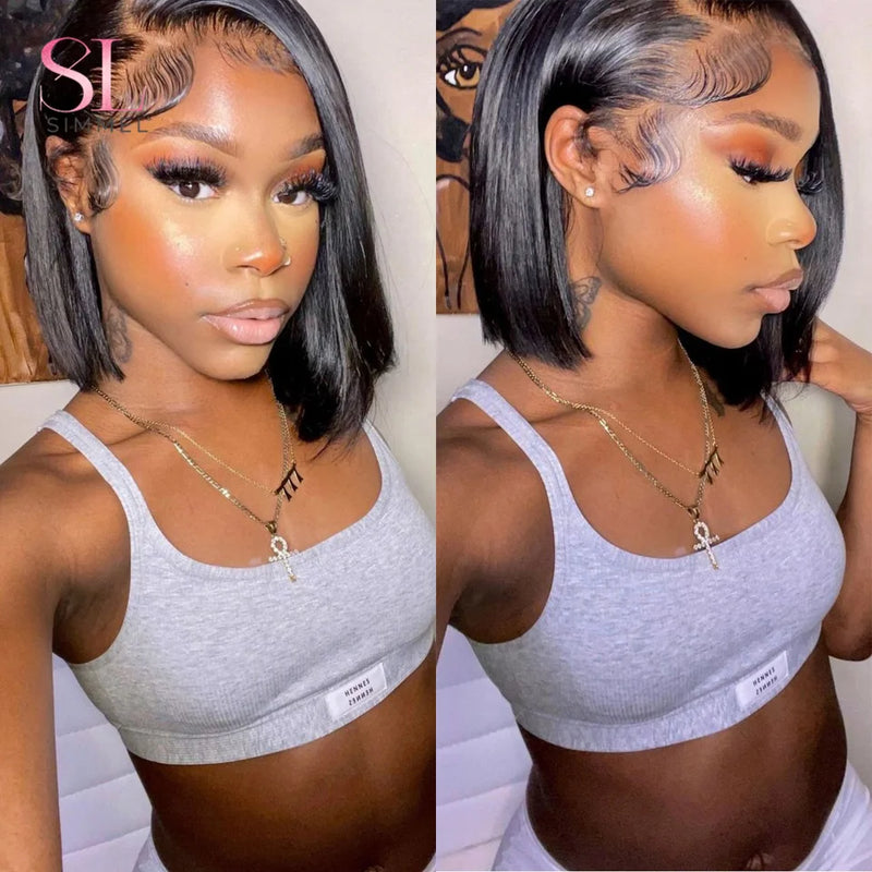 Straight Short Bob Human Hair Wigs for Black Women Lace Part Brazilian Hair Wigs Remy Hair Middle Part Side For Brown Women