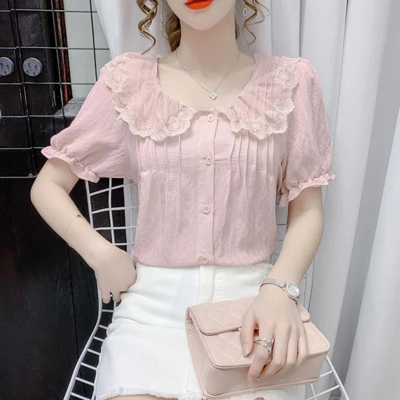 Vintage Lace Patchwork White Shirts Summer Women Korean - View 5 | SAMAG