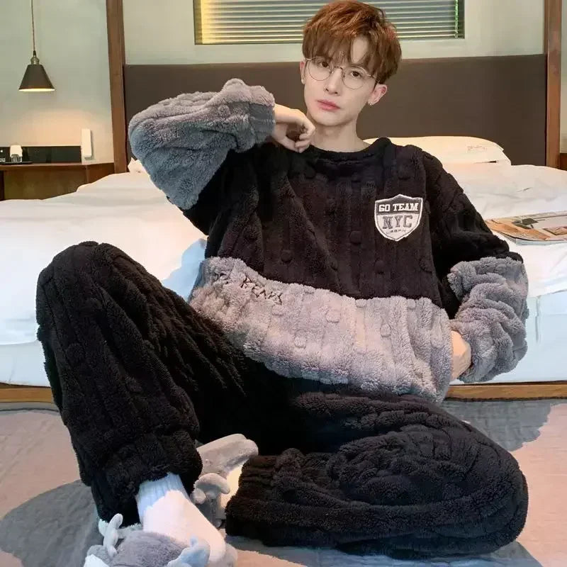 2025 New Autumn and Winter Loungewear Coral Fleece Pajamas Men Plus-size Long-sleeved Sleepwear Suit Thickened Plush Homewear