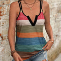 Summer Elegant Color Block Striped Vest for Women Casual Indie Folk V Neck Camis Vacation Sleeveless Tank Tops