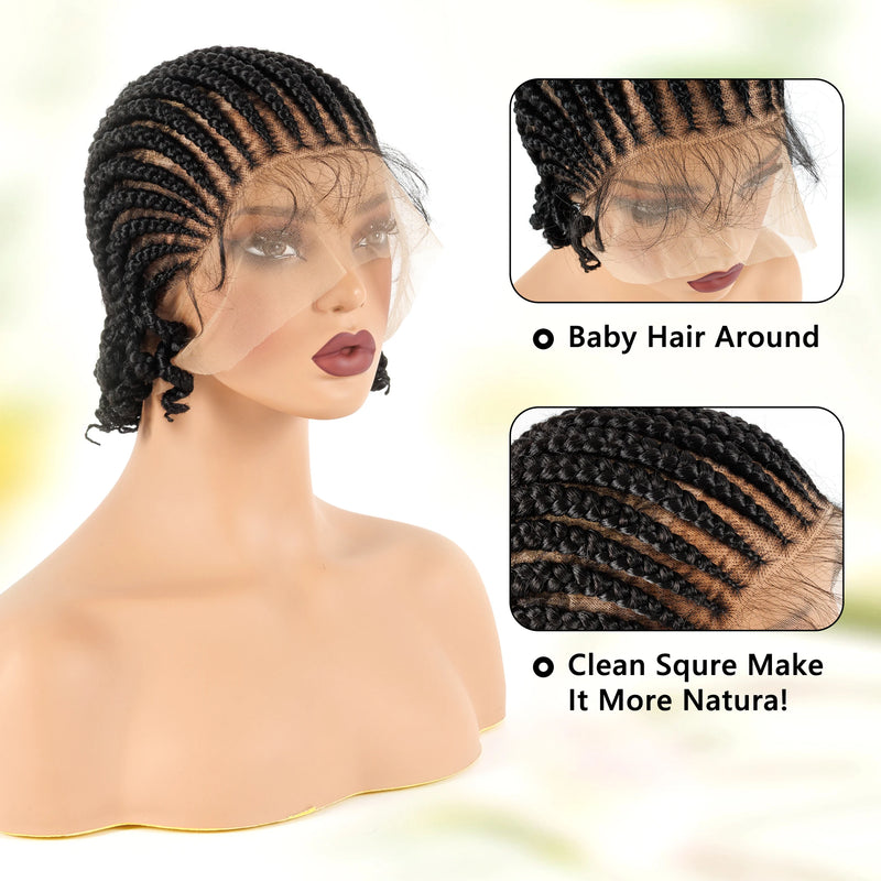 Short Full Lace Cornrow Braided Bob Wigs Synthetic Braided Lace Wig with Baby Hair Knotless Handmade Braids Wigs for Black Women