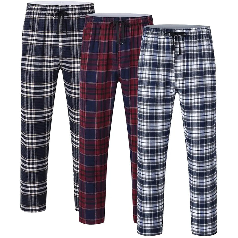 Men's 3Pcs Pajama Sleeping Pants Cotton Plaid Pjs, Long Plaid Print Sleepwear Pajama Pants with Elastic Waist Homewear