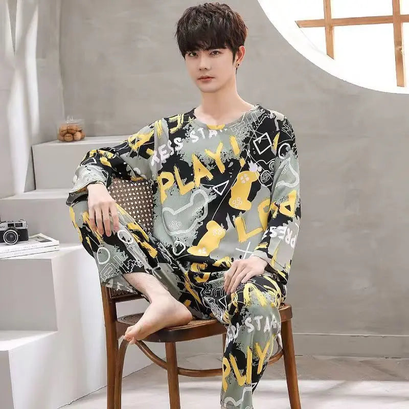 2-Piece New Spring And Fall Men's Pajamas Set Boys Soft Long-Sleeved Sleep Rest Home Party Pajamas Men's Casual Homewear