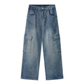 Men Vintage Wash Cargo Wide Leg Jeans Big Pockets | SAMAG