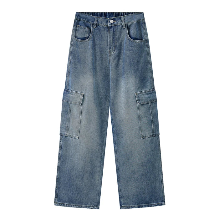 Men Vintage Wash Cargo Wide Leg Jeans Big Pockets | SAMAG