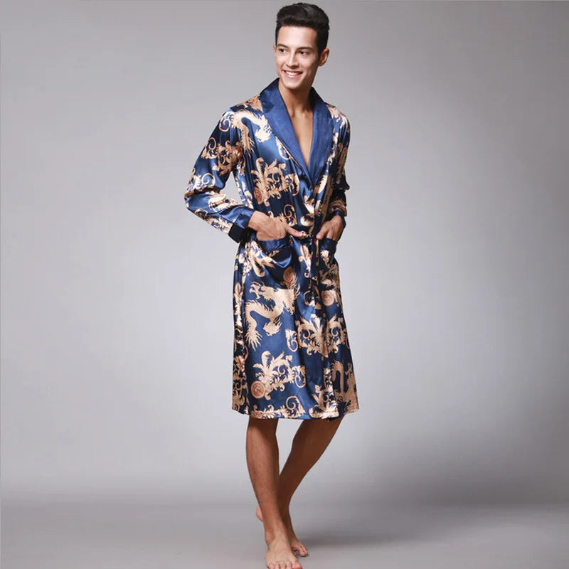 Loose Kimono Robe Wear Printing Nightgown Silky Men's Pajamas Long-sleeved Bathrobes Homewear