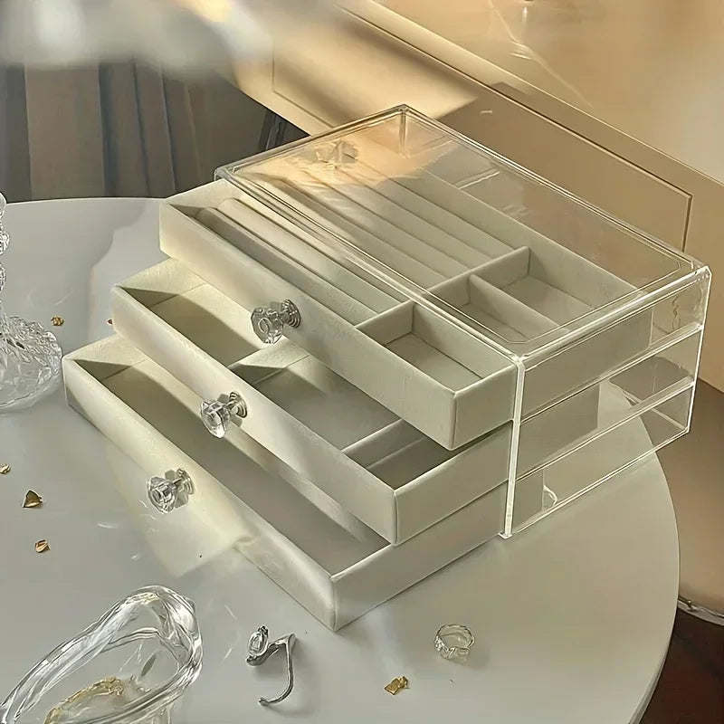 3-Tier Dust-Proof Acrylic Jewelry Organizer Box, Elegant Modern Rectangular Tabletop Display Case  jewelry boxes and packaging