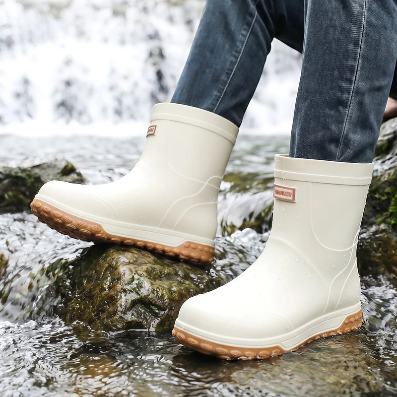 Men's Fashion Rain Boots High Quality Anti-Slip Waterproof Shoes Thick Bottom Wear-Resistant Outdoor Drawstring Work Rubber Shoe