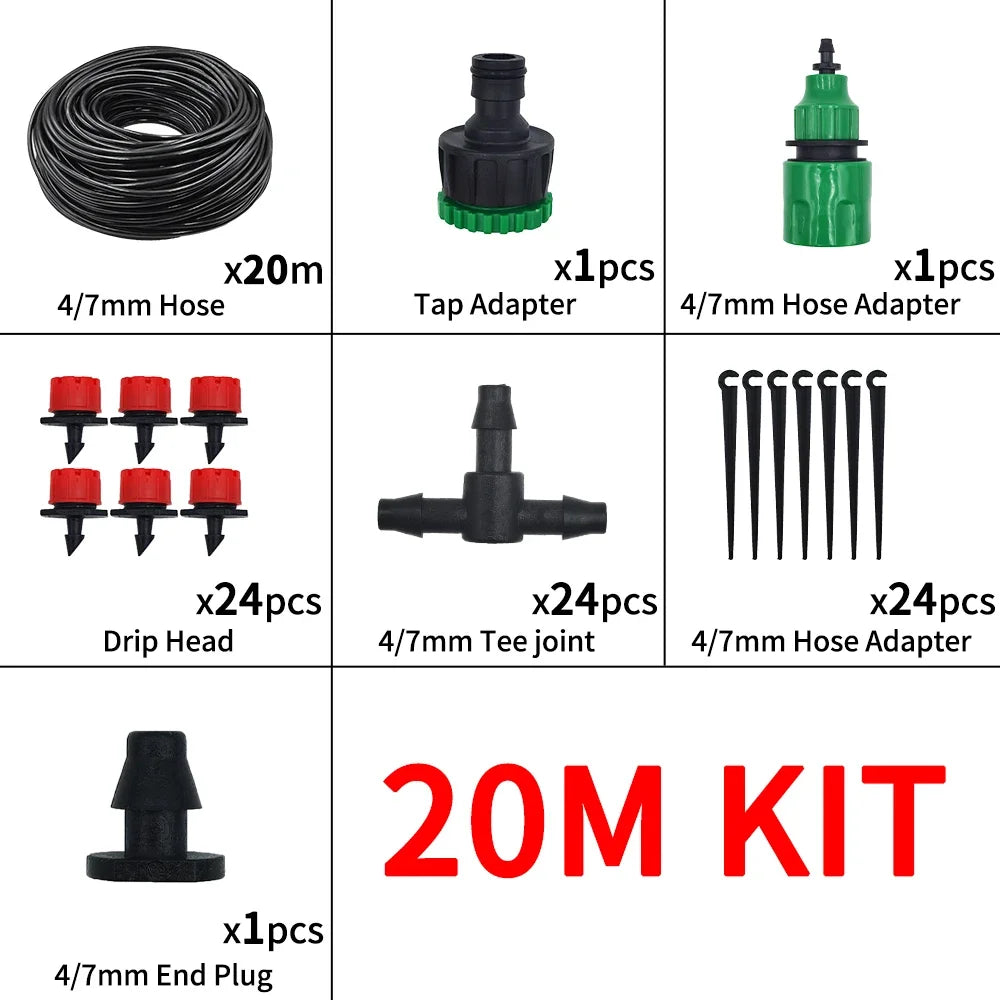 Micro Drip Irrigation System Portable 20M Automatic Watering with Adjustable Drippers Misting Watering Kits Garden Hose