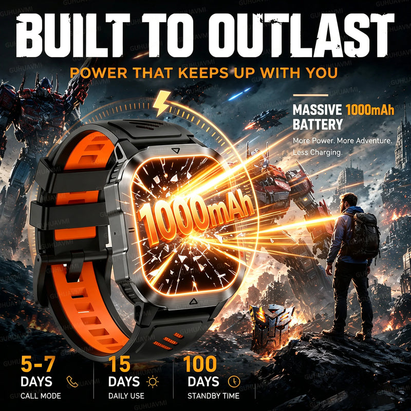 New Bumblebee Military Smart Watch 1000mAh Bluetooth Call LED Flashlight BP Monitor 100+Sports 5ATM Waterproof For iOS Android