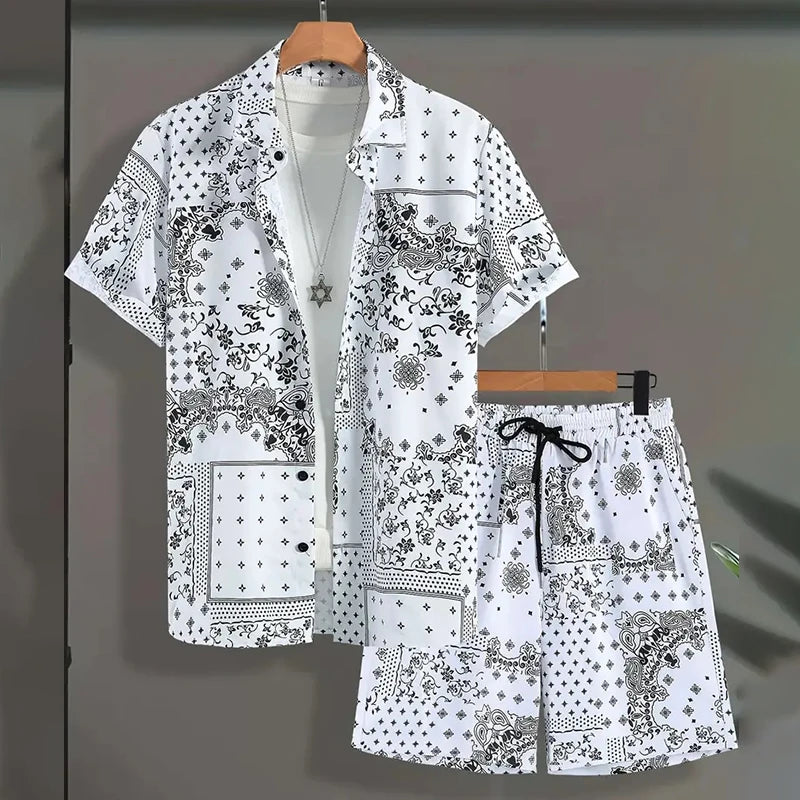 Men's Summer Holiday Suit Retro Textured Printed Border Shirt Short Sleeve Two Piece Breathable Pool - View 8 | SAMAG