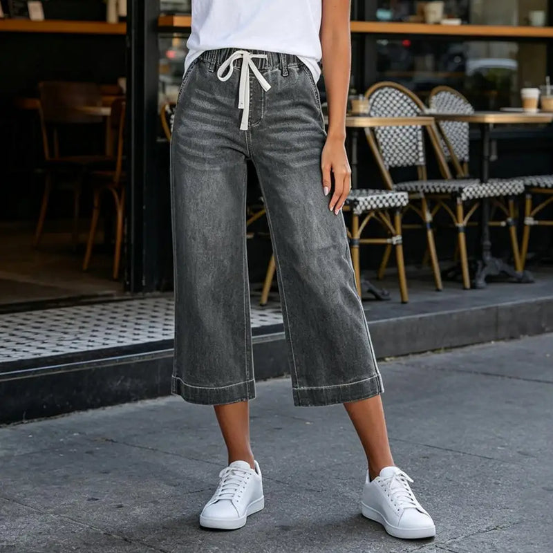 Cropped Pants for Women, High-Stretch Denim Wide-Leg Trousers, Drawstring Waistband Casual Summer Pants Denim Jeans Women